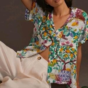 NWOT Maeve by Anthropologie Classic Surf Shirt White Lemon Print Linen Size XXS
